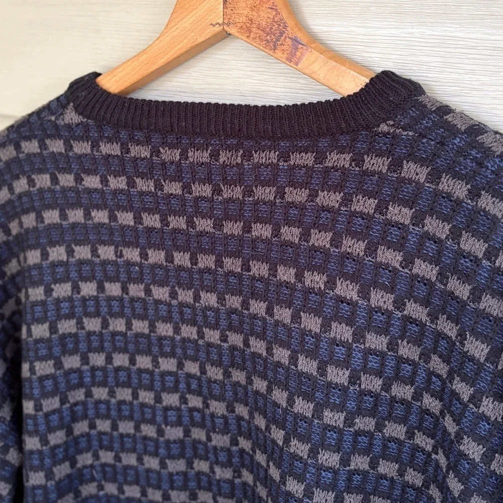 JANTZEN vintage men’s acrylic v-neck grandpa dad sweater blue geometric XL EUC